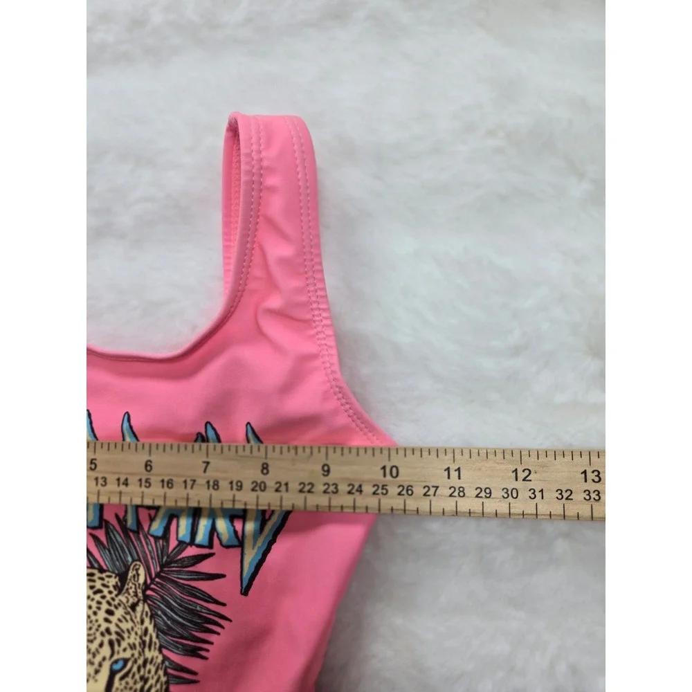 Def Leppard Girls Neon Coral Leopard Graphic One Piece Swimsuit Size 4/5 5350